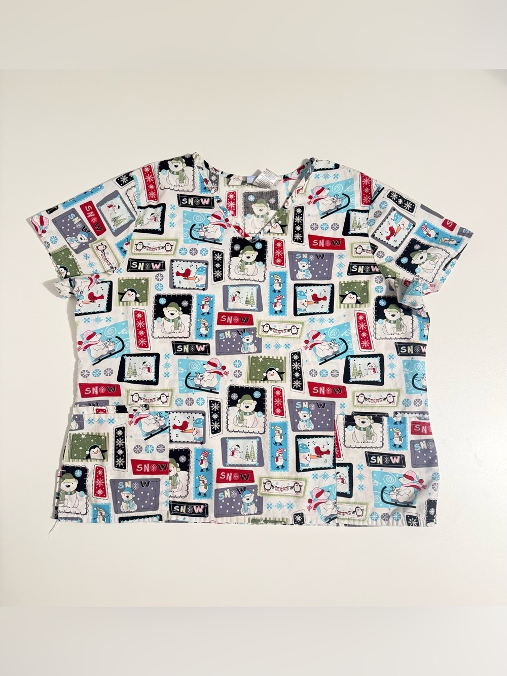 SB Scrubs Kids Short Sleeve Snowman Print Top - White, Blue, Red, Green, Black